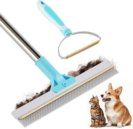JOYMOOP 2 PCS Pet Hair Removal Tools, 63" Adjustable Long Handle Carpet Rake and Short Handle Carpet Pet Hair Removal, Cat Dog Hair Carpet Rake with Metal and Silicone Scraper for Carpet, Sofa, Cloth