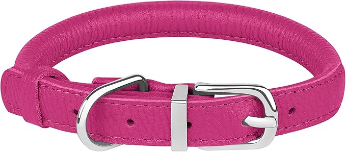 OOPSDOGGY Rolled Leather Dog Collar Soft Roll Collars for Small Medium Large Dogs Puppy (Pink, XXL, 20"-24")