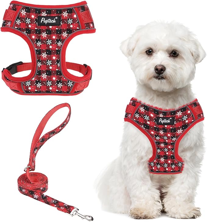 PUPTECK Christmas Small Dog Harness and Leash Set, No Pull Adjustable Puppy Cat Harness, Reflective Soft Mesh Pet Vest Small Sized, Checkered, M