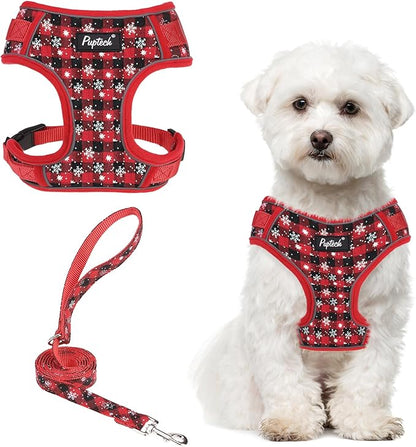 PUPTECK Christmas Small Dog Harness and Leash Set, No Pull Adjustable Puppy Cat Harness, Reflective Soft Mesh Pet Vest Small Sized, Checkered, M