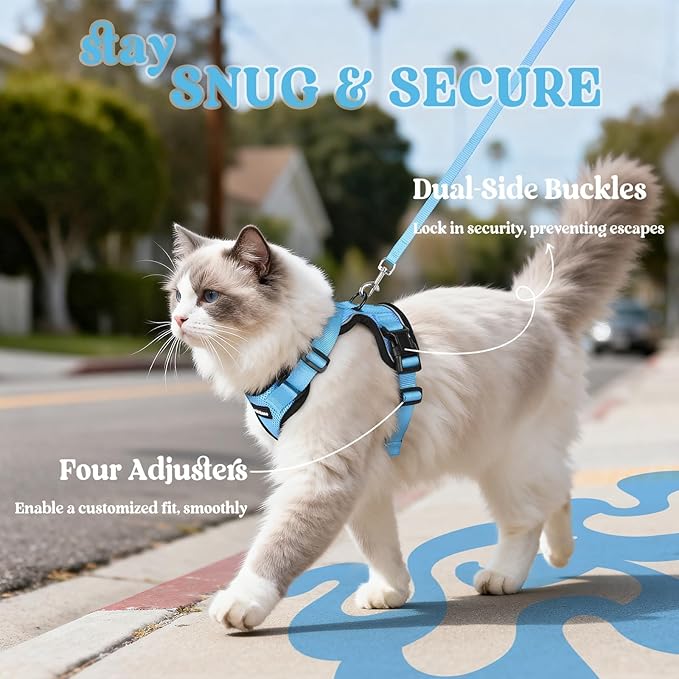 rabbitgoo Cat Harness and Leash for Walking, Escape Proof Soft Adjustable Vest Harnesses for Cats, Easy Control Breathable Reflective Strips Jacket, Light Blue,M