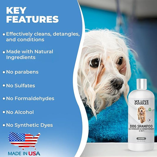 Dog Shampoo, Conditioner & Detangler - Best Shampoo for Goldendoodles, Poodles & Doodles Pet Hair - Hypoallergenic, Tearless, Sensitive Skin for Puppies & All Dog Breeds - Made in USA,16OZ (Unscented)
