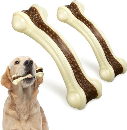 Sosation Bones Shaped Dog Toys for Aggressive Chewers, 2 Pack Christmas Dog Chew Toys Puppy Teething Nylon Beef Flavor for Large/Medium/Small Puppies Breeds(Curved Bone,Large, Small)