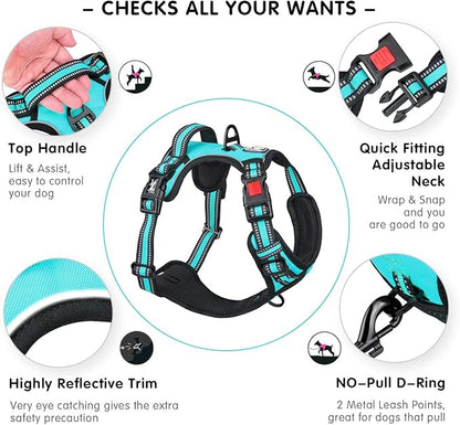 PoyPet No Pull Dog Harness, [Release on Neck] Reflective Adjustable No Choke Pet Vest with Front & Back 2 Leash Attachments(Mint Blue,L)