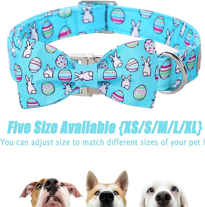Easter Dog Collar with Bow Tie - Adjustable Easter Bunny Eggs Dog Collar Blue Rabbit Bowtie Metal Buckle Puppy Collars for Small Medium Large Dogs S