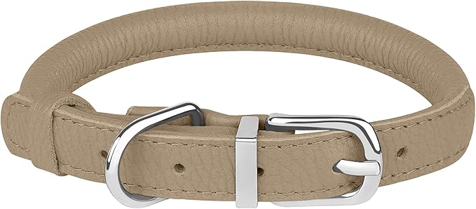 OOPSDOGGY Rolled Leather Dog Collar Soft Roll Collars for Small Medium Large Dogs Puppy (Beige, L, 14"-18")