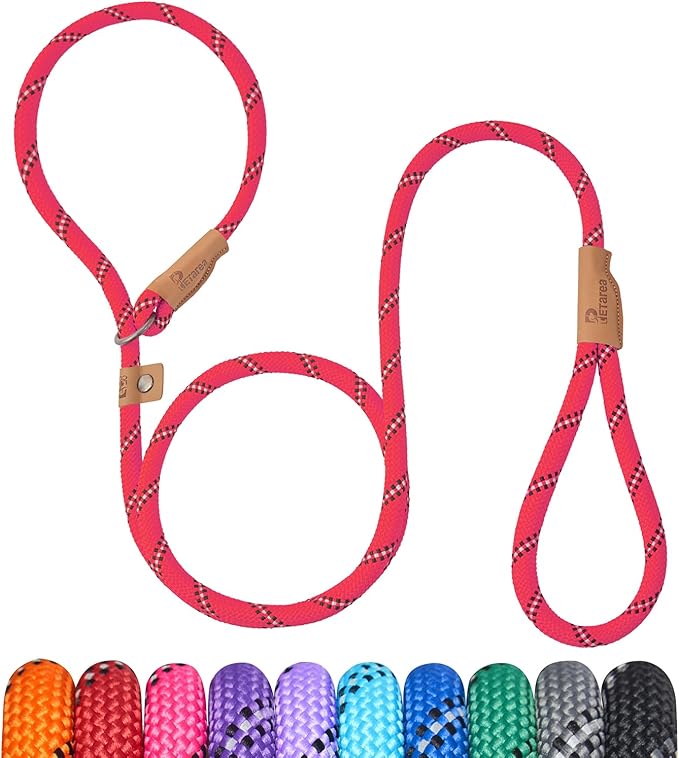 5 FT Slip Lead Heavy Duty Rope Leash for Small Medium Large Dogs, No Pull Training Lead with Reflective Thread, Strong Comfortable Loop Leash (Red Stripe, Large(1/2"))