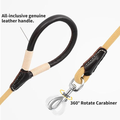 Mile High Life Genuine Leather Wrapped Handle Dog Leash, w Heavy Duty Clasp Rope Leash for Small Medium Large Dogs (Yellow, 5FT)