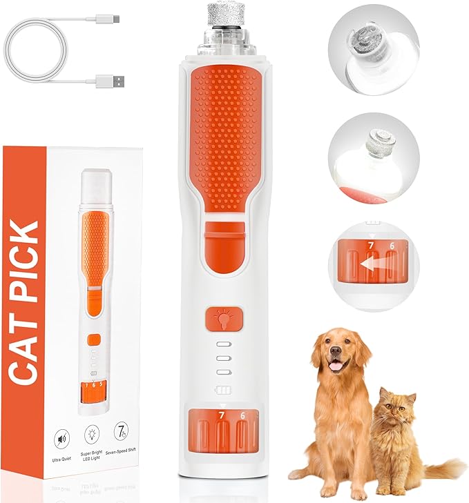 7-Speed Dog & Cat Nail Grinder with Light - Ring LED Safe to Avoid Overcut, Quiet Low Vibration & Powerful Fast, Cordless Rechargeable Toenail Trimmer for Small & Large Puppy & Breeds Paws(White)