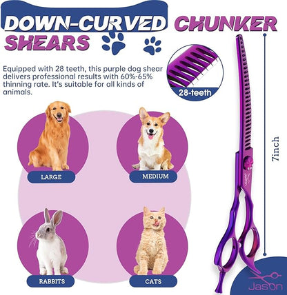 JASON 7" Ergonomic Curved Dog Scissors - Purple 440C Stainless Steel Grooming Scissors (28-Teeth, Down-Curved)