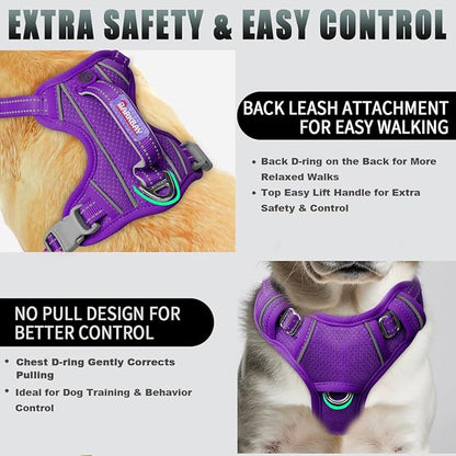BARKBAY No Pull Dog Harness Large Reflective Dog Harness with Front Clip and Easy Control Handle for Walking Training Running with ID tag Pocket(Purple,XS)