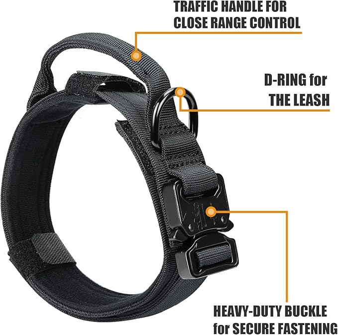 Tactical Dog Collar and Bungee Leash,Military Dog Collar & Leash Set with USA American Flag Adjustable K9 Collar with Heavy Duty Metal Buckle & Handle,with Patches and Airtags Case (M, Black)