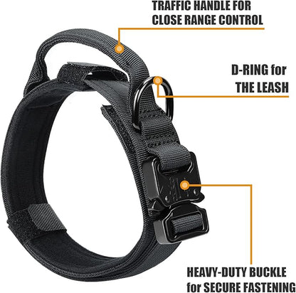Tactical Dog Collar and Bungee Leash,Military Dog Collar & Leash Set with USA American Flag Adjustable K9 Collar with Heavy Duty Metal Buckle & Handle,with Patches and Airtags Case (M, Black)