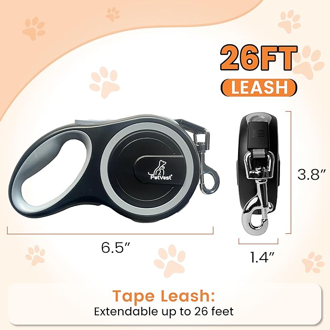 PetVest Retractable Dog Leash – Extendable up to 26 FT, Heavy Duty Nylon Tape, No-Tangle, One-Handed Brake & Lock, for Small to X-Large Dogs up to 110 lbs (Black)