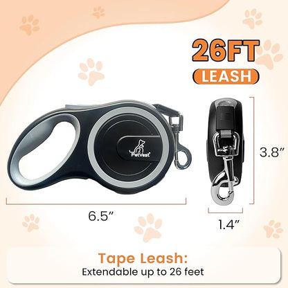 PetVest Retractable Dog Leash – Extendable up to 26 FT, Heavy Duty Nylon Tape, No-Tangle, One-Handed Brake & Lock, for Small to X-Large Dogs up to 110 lbs (Black)