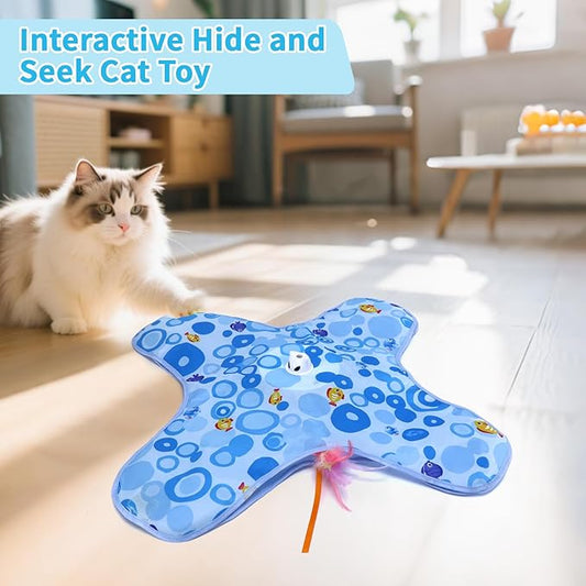 DFQ Interactive Cat Toy for Indoor Cats, Rechargeable Touch-Activated Moving Feather Wand with Concealed Motion, Play Toy for Kittens and Adult Cats (Blue)