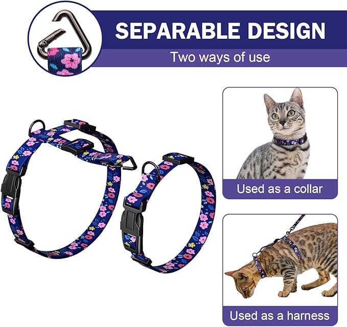 Hikiko Cat Harness and Leash Set Escape Proof Adjustable Walking Travel Cute Kitten Harness for Small Medium Large Cats (Navy Blue Floral, M)