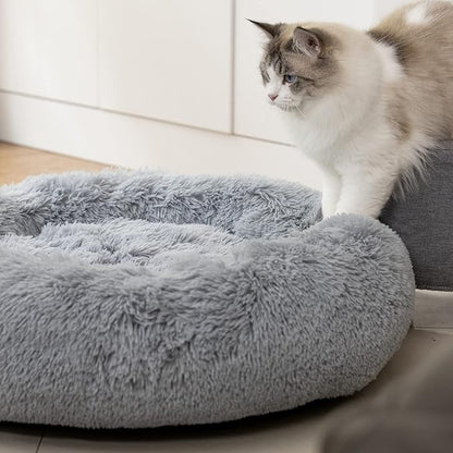 Anti Anxiety Round Fluffy Plush Faux Fur Warm Washable Dog Bed & Cat Bed, Original Bed for Small Medium Large Pets,Used to Relieve Joints and Improve Sleep（20"/24"/27''） (24", Light Grey)