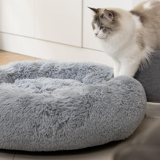 Anti Anxiety Round Fluffy Plush Faux Fur Warm Washable Dog Bed & Cat Bed, Original Bed for Small Medium Large Pets,Used to Relieve Joints and Improve Sleep（20"/24"/27''） (24", Light Grey)