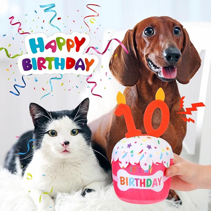 Dog Birthday Cake Toy Accessories for Girl Boy Gifts, Squeaky Plush Toy for Dog Birthday Party Decor Favor for Large, Medium and Small Dogs(10th,Pink)