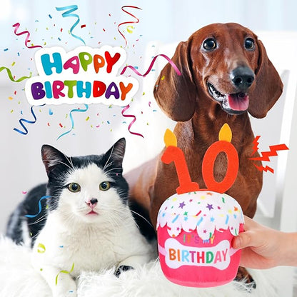 Dog Birthday Cake Toy Accessories for Girl Boy Gifts, Squeaky Plush Toy for Dog Birthday Party Decor Favor for Large, Medium and Small Dogs(10th,Pink)