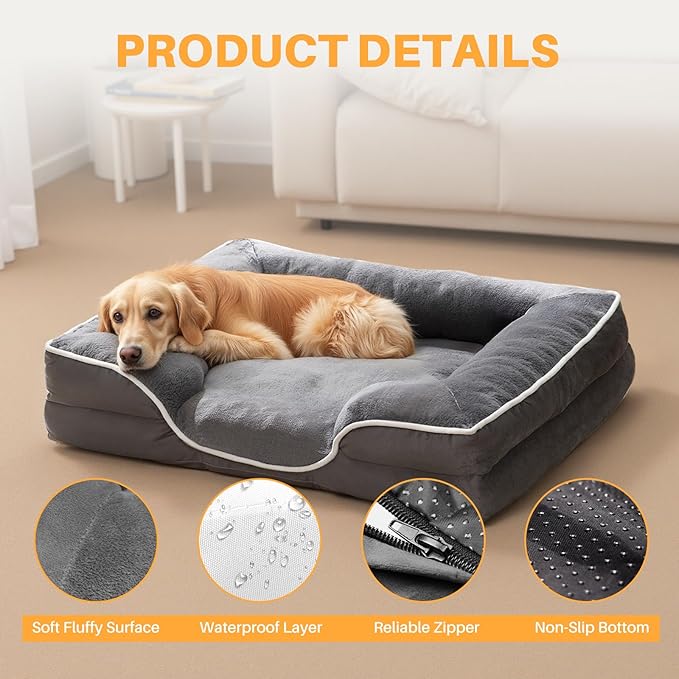 NEWBULIG 42x32 Inch Orthopedic Dog Bed Large Sized, Dog Couch/Sofa Bed with Washable Cover, Waterproof, Memory Foam, Soft Fluffy Surface