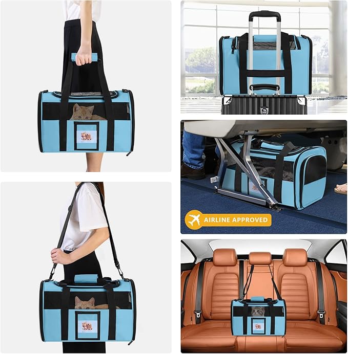 SECLATO Cat Carrier Dog Carriers Airline Approved for Small Dogs, Kitten, Carriers for Small Medium Cats Under 15lb, Collapsible Soft Sided TSA Approved Pet Travel Carrier-Blue