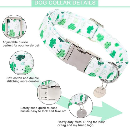 St. Patrick's Dog Collar, Cotton St. Patricks Clover Collar for Puppy Girl Boy Dog or Cat, Lucky Shamrock Dog Collar with Metal Buckle, Green, Spring, XL