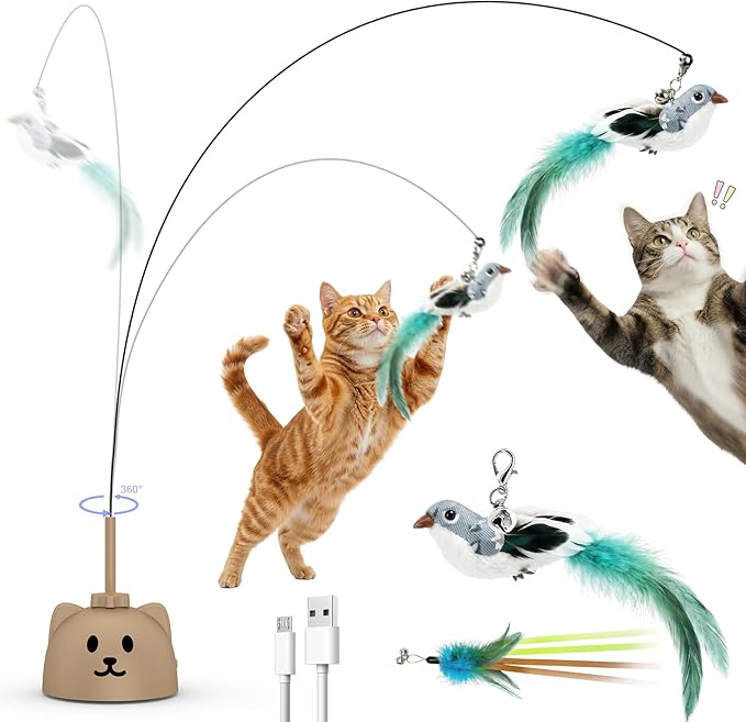 CATPICK Interactive Cat Toys for Indoor Cats - Automatic Flying Bird Feather Toy, USB Rechargeable Electric Cat Teaser with Strong Suction Base, Smart Motion Self-Play Toy for Bored Cats(Brown)