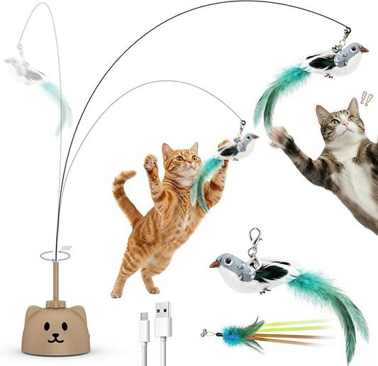 CATPICK Interactive Cat Toys for Indoor Cats - Automatic Flying Bird Feather Toy, USB Rechargeable Electric Cat Teaser with Strong Suction Base, Smart Motion Self-Play Toy for Bored Cats(Brown)