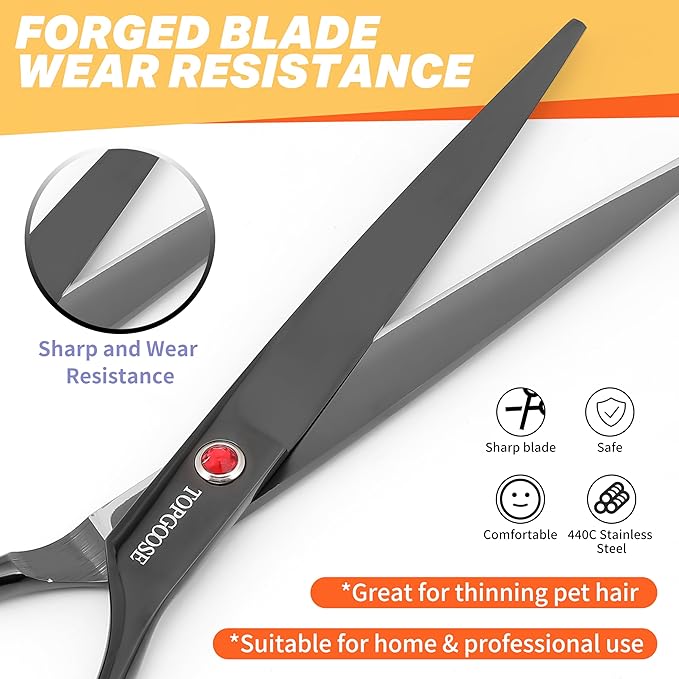 TOPGOOSE 7.5'' Dog Straight Scissors for Grooming 440C Stainless Steel Professional Pet Trimming Scissors Sharp Blades Cutting for Dogs and Cats Shears (Straight, Black)