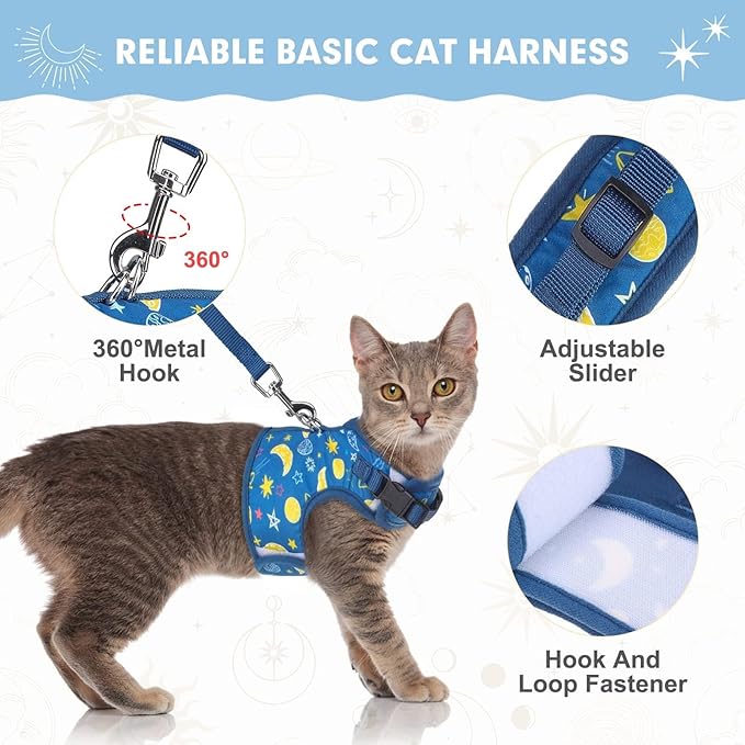 BINGPET Cat Harness with Leash Escape Proof - Fashionable Mesh Cat Dog Walking Harness Leads, Adjustable for Kitties Puppies Small Animals,Galaxy,M