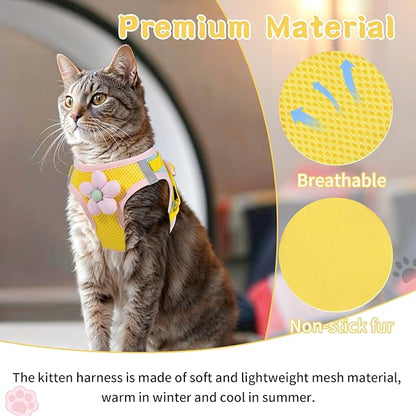 Cat Harness and Leash Set for Walking Escape Proof, Adjustable Kitten Harness Breathable Mesh with Reflective Strips Harness with Flower for Kitty Puppy Bunny Yellow Small