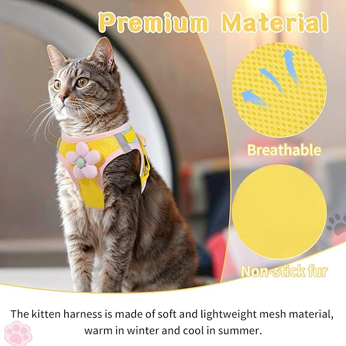 Cat Harness and Leash Set for Walking Escape Proof, Adjustable Kitten Harness Breathable Mesh with Reflective Strips Harness with Flower for Kitty Puppy Bunny Yellow XS