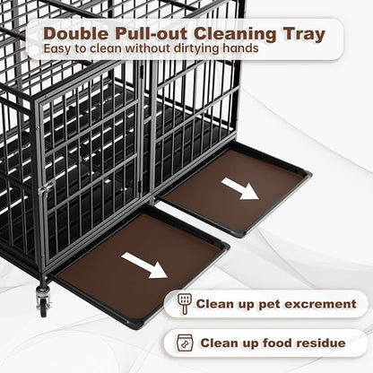 Snuowu 48 Inch Heavy Duty Dog Crate with Wheels，Indestructible Escape-Proof Dog Cage for Large Dogs, Extra Large XL XXL Indestructible Dog Crate with Removable Tray.