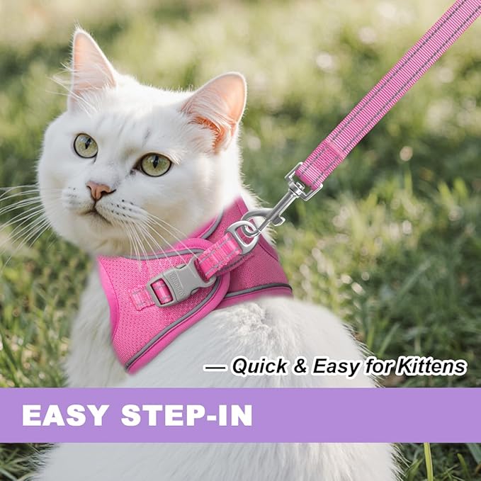 Cat Harness and Leash Set,Escape Proof Kitten Harness,Step in Adjustable Soft Lightweight,Easy Control,Reflective Strips Comfortable for Walking Travel(Pink,M)