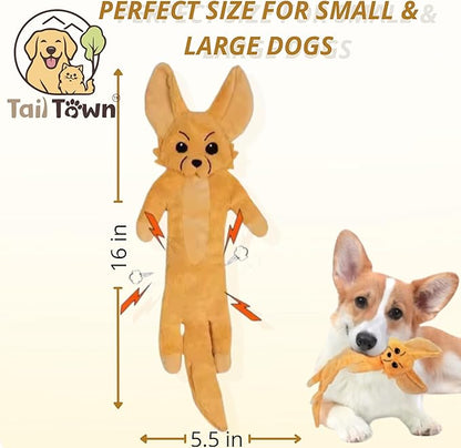 Fennec Fox Dog Toy – Squeaky & Crinkle Plush – No Stuffing Chew Toy for Small Medium Large Dogs Puppies & Seniors – Interactive Safe Soft Toy for Tug Fetch Play – Tail Town