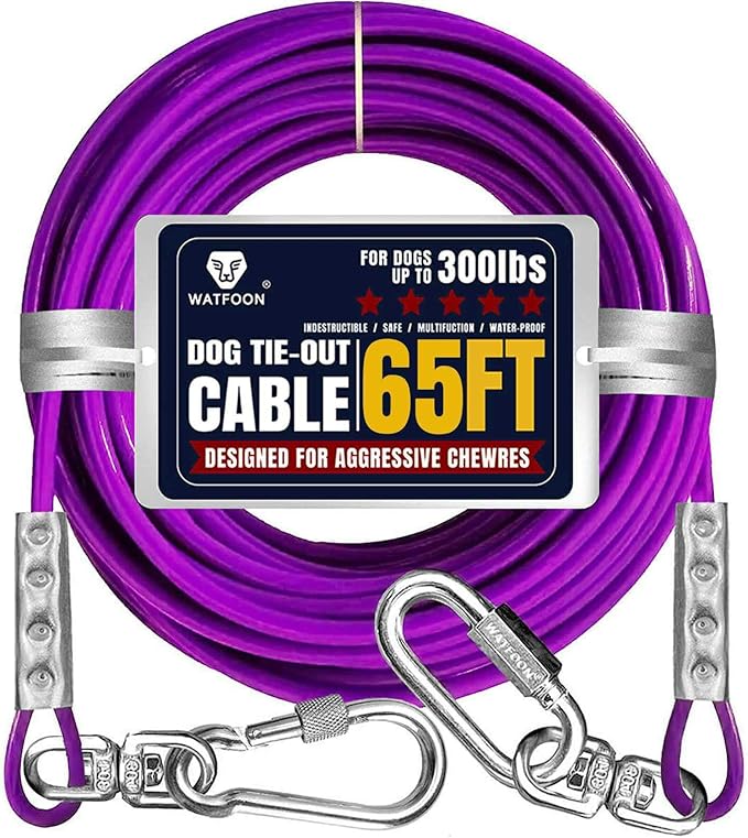 Tie Out Cable for Dogs Up to 300lbs,100ft Extra Strong 1000lbs Break Strength Tie-Out Tether Trolley Training Lead,Dog Run Cable for Yard Garden Park Camping Outside (Purple, 300lbs 65ft)