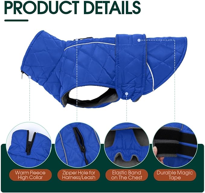 Kuoser Dog Jacket Warm Fleece Lined Dog Coats for Small Dogs, Waterproof Pet Coat Reflective Puppy Snowsuit with Harness Hole for Cold Weather Walking Hiking, Quilted Dogs Winter Vest, Blue, S