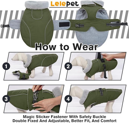 Lelepet Warm Dog Coat Waterproof Dog Jacket for Large Dogs Reflective Fleece Vest with Adjustable Buckle Hook & Loop Windproof Cold Weather Coats for Small Medium Large Dogs, Army Green, XXL