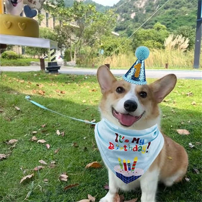 Pet Birthday Party Set,Dogs Bandana and Dog Birthday Hat with Star Pattern Design, Adjustable Sequin Bow tie Accessories, Blue Birthday Boy Scarf (Dark Blue)