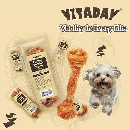 VITADAY Turkey Tendons for Dogs, All Natural, Healthy Dog Treats, Long Lasting, Hypoallergenic Dog Chews, Rawhide Free, USA-Sourced, for Large Dogs, Bone (L), 1 Count Pack