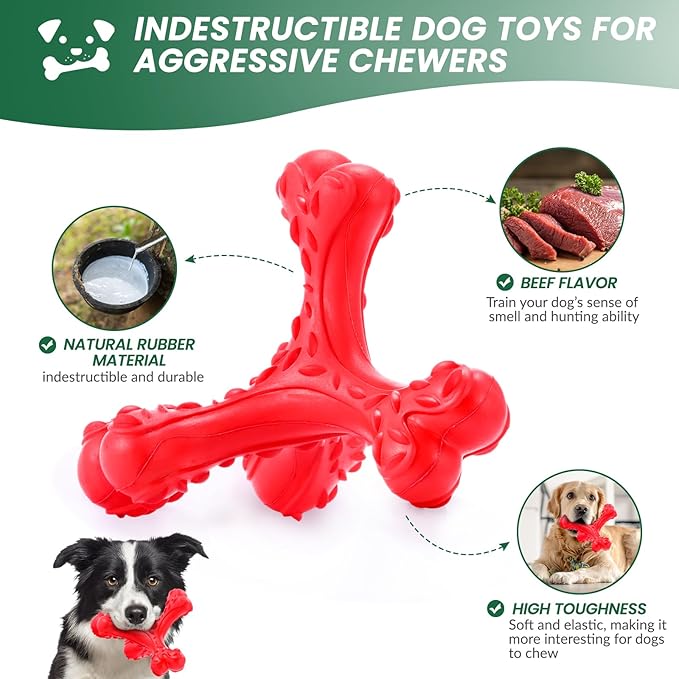 CVALIN Dog Chew Toys for Aggressive Chewers Large Breed,Indestructible Bones Toy，Durable Cleaning Toothbrush Natural Rubber Dog Toys… (Red)