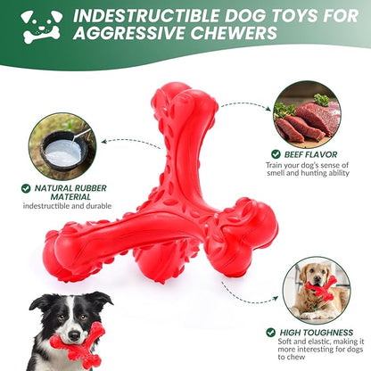 CVALIN Dog Chew Toys for Aggressive Chewers Large Breed,Indestructible Bones Toy，Durable Cleaning Toothbrush Natural Rubber Dog Toys… (Red)