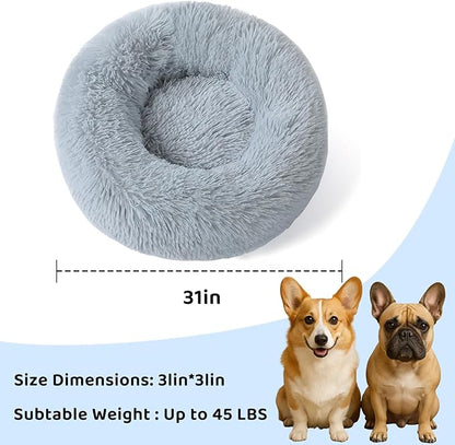 Large Donut Washable Dog Bed for Medium Dog,Round Soft Cat Cuddler for Calming, Anti-Anxiety Cozy Sofa, Fluffy Faux Fur Plush Cushion-31''-Grey
