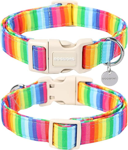DOGWONG Cotton Dog Collar, Rainbow Dog Collar Durable Soft Natural Fabric Pet Dog Collar Cute LGBTQ Puppy Necklace for Small Medium Large Dogs