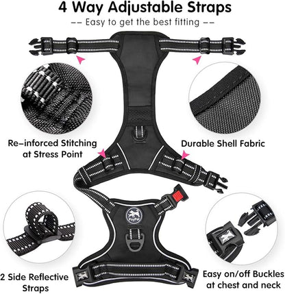 PoyPet Dog Harness No Pull, Reflective Vest Harness with Front & Back 2 Clips and Easy Control Handle for Small Medium Large Breed Dog (Large, Black)