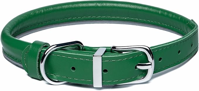 OOPSDOGGY Rolled Leather Dog Collar Reflective Roll Collars for Small Medium Large Dogs Puppy (Green, XL, 17'' - 21'')