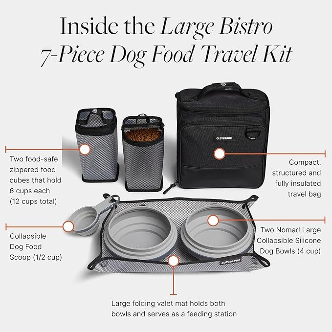 Cleverpup, Large 7-Piece Bistro Box Dog Food Travel Kit, 12-Cup Kibble Storage, 2 Silicone Bowls, Mat & Scoop - Premium Portable Pet Food Kit for Weekends, Overnights, Daycare & Camping, Graphite