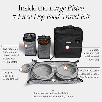 Cleverpup, Large 7-Piece Bistro Box Dog Food Travel Kit, 12-Cup Kibble Storage, 2 Silicone Bowls, Mat & Scoop - Premium Portable Pet Food Kit for Weekends, Overnights, Daycare & Camping, Graphite